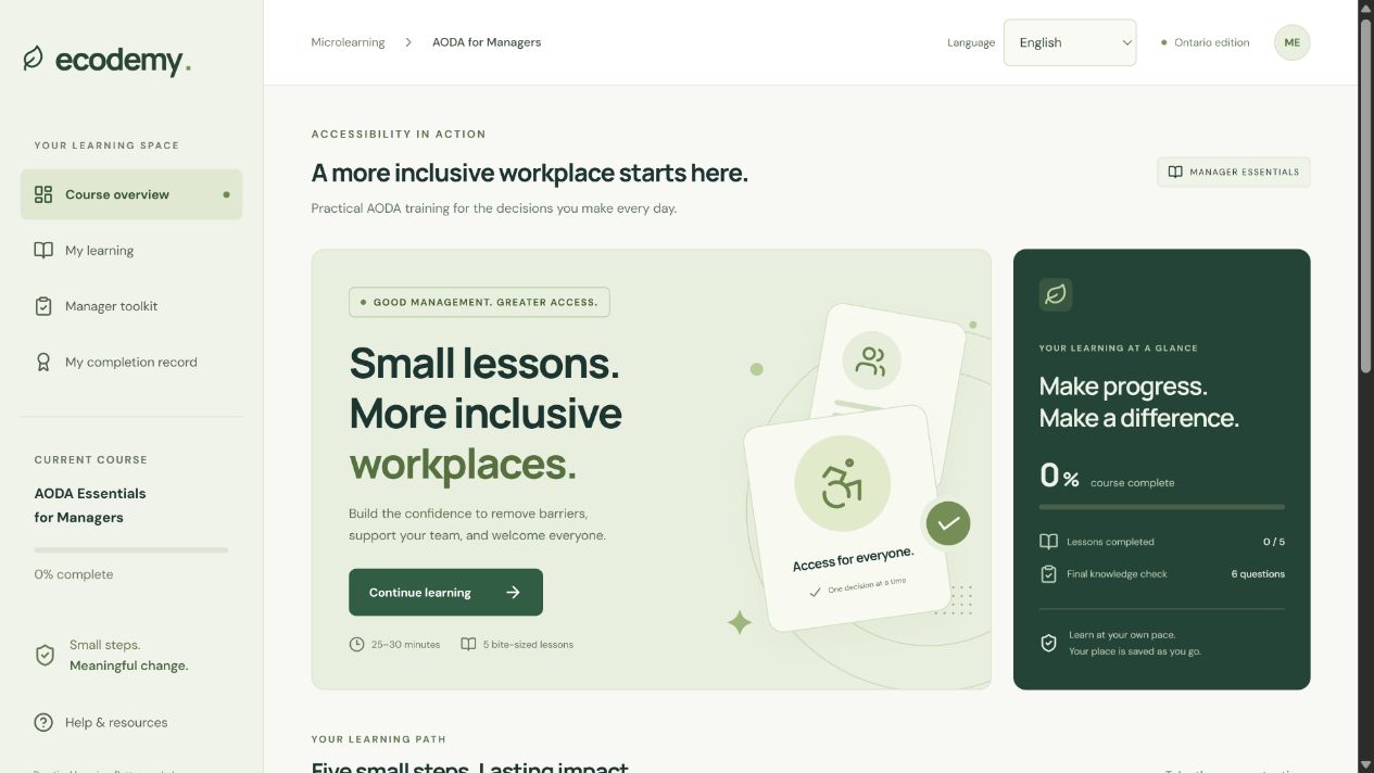 Screenshot of the AODA manager training course overview and learning path